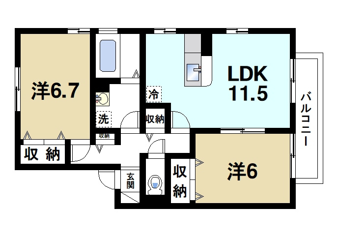 リビングタウン相楽　Ｂ棟の間取り|広々とした2LDKの間取りです