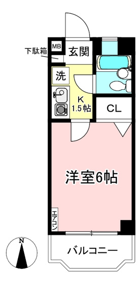 【間取り】 | シャインヒルズ向ヶ丘 | キッチン1.5帖・洋室6帖の1Kタイプのお部屋です☆はじめての一人暮らしにもぴったり♪なんと言っても陽当たり・風通し良好なのが嬉しい♪