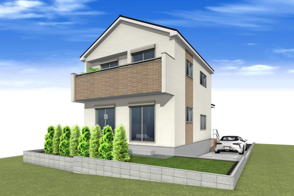 敷地面積４２坪！ＬＤＫ１８帖の４ＬＤＫ。カースペース２台♪保土ヶ谷区狩場町　新築戸建ての外観パース|建物完成予想図です。2020年7月完成予定です。