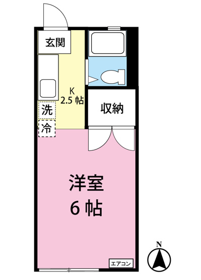 【間取り】 | パナハイツリュウセイA | キッチン2.5帖・洋室6帖の1Kタイプのお部屋です☆はじめての一人暮らしにもぴったり♪