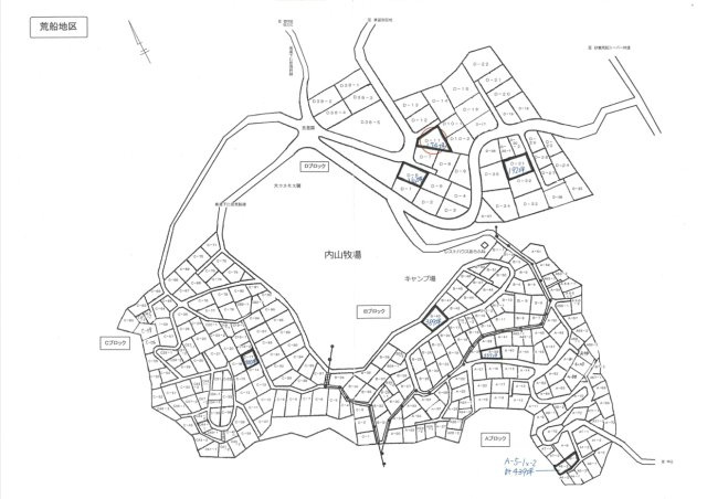 【土地図】 | 佐久高原草笛ランド別荘地 | 荒船別荘地　全体区画図
赤○印が贈与区画、黒太線が売区画です