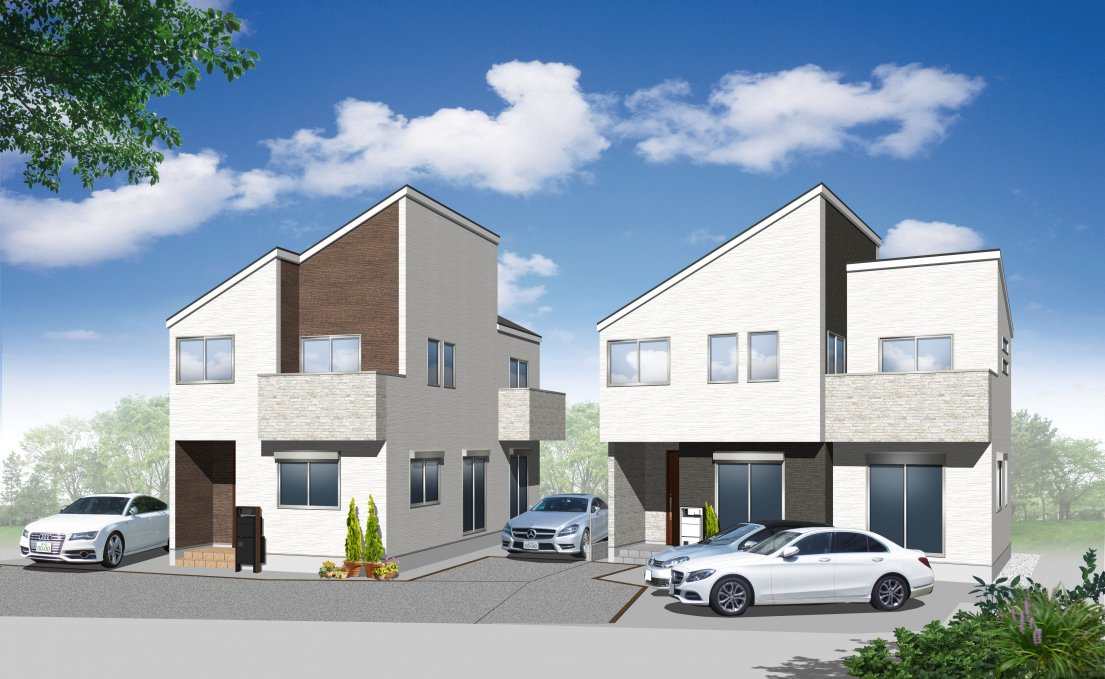 上星川駅から平坦徒歩８分！LDK１８帖の４LDK♪カースペース２台。保土ヶ谷区上星川２丁目　全２棟新築戸建ての外観パース|完成予想図です。完成は2020年12月を予定しております。