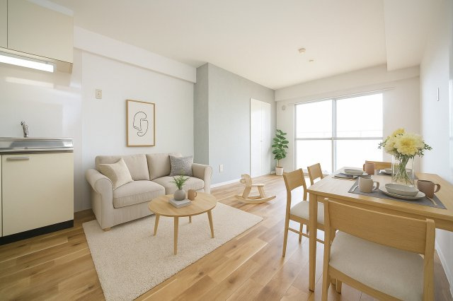 メゾン花園の居間・リビング|バーチャルステージングの写真となります。家具家電等は付帯しません。参考にご覧くださいませ。