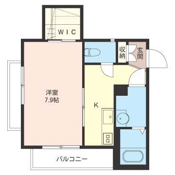 【間取り】 | ラフィネ【SHM】 | キッチン4.3帖・洋室7.9帖の1Kタイプのお部屋です☆はじめての一人暮らしにもぴったり♪なんと言っても角部屋・二面採光なのが嬉しい♪