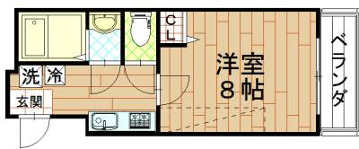 アークリード二条城北の間取り|1Ｋ（洋室８帖×Ｋ）