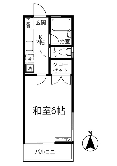 【間取り】 | サンハイツ/百合ヶ丘 | キッチン2帖・和室6帖の1Kタイプのお部屋です☆はじめての一人暮らしにもぴったり♪なんと言っても最上階・角部屋・二面採光なのが嬉しい♪