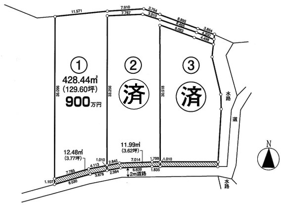 坂戸市長岡Ⅱ　建築条件なし売地　「北坂戸駅」4.4㎞　の区画図|全3区画