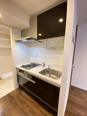 【キッチン】 | PHARE/ファーレ | ダークブラウンを基調としたシステムキッチンです！場所を取るお鍋やお皿もすっきり収納できてお料理がはかどります！