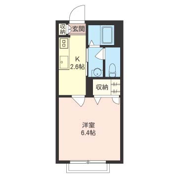 【間取り】 | メルベーユトーエー【SHM】 | キッチン2.6帖・洋室6.4帖の1Kタイプのお部屋です☆