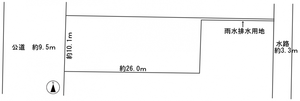 ５５６８７　羽島郡岐南町伏屋土地の区画図|土地の見取り図です。雨水排水用に東へ水路用地が付属しています。