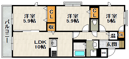 シャーメゾングレースの間取り|最上階３階角部屋のお部屋です。
