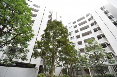 【外観】 | プラウド府中中河原 | マンション中庭からの眺望です。中庭の空間に緑を存分に使用し居住者様達に安らぎの時間を与えてくれる。