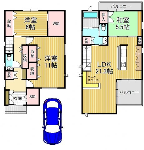 岸和田市下池田町　中古戸建の間取り|１階の11帖洋室を中央で間仕切りすると、４LDKの間取りに変更可能です