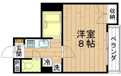ヴィル・ヌーブMASUDAの間取り|1Ｋ（洋室8帖×Ｋ）