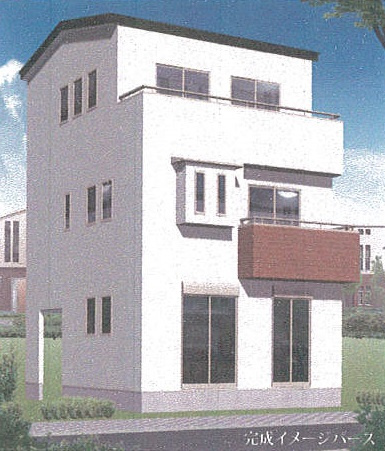 八千代台東２丁目　新築戸建の外観パース|八千代台東２丁目　新築戸建　４ＬＤＫ＋書斎＋ＷＩＣ　カースペース　角地　バス通り沿い