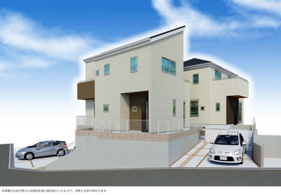 【外観パース】 | 箕面市稲5丁目　新築一戸建 | 【現地写真】
日当たり良好♪駐車スペースもしっかり確保♪