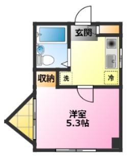 鈴木ビルの間取り|ガス一口コンロ仕様のコンパクトキッチン。上部収納もあり！