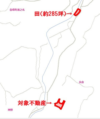 【地図】 | 南さつま市金峰町　古民家風戸建 | 戸建と田んぼの位置関係図（徒歩約13分）