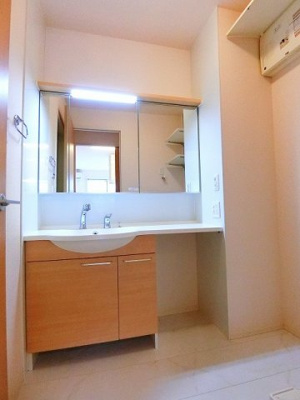 【洗面所】 | デスモスペース | 角度の変えられる3面鏡付きの洗髪洗面化粧台です♪朝のバタバタに大活躍！お化粧する時にも便利☆