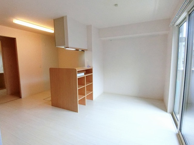 【居間・リビング】 | デスモスペース | 南西向きリビングダイニングキッチン10帖☆女性に人気なカウンターキッチンです！カウンター部分には小物を置ける棚がついています！インテリアを飾って楽しむことも♪