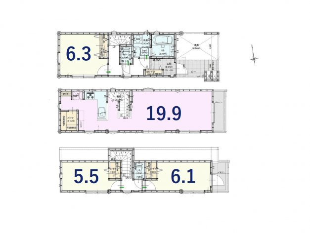 【間取り】 | 現地内覧会開催！東中延2丁目の新築戸建　３号棟 | 駅徒歩１分が魅力の３LDK+P！LDKは広々19.9帖、キッチンには可動棚付きのパントリースペース！6帖以上の居室がふた部屋、トイレも2ヶ所配備。延床面積102.65㎡！