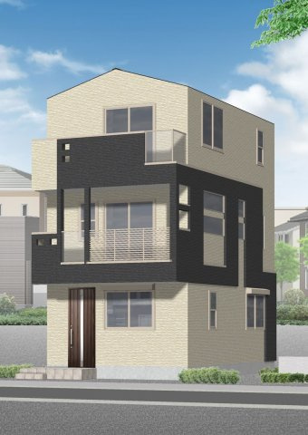 【外観パース】 | 墨田区立花6丁目　新築戸建 | 解放感ある角地！目の前には緑が広がりスカイツリーも望める４LDK+P！延べ床面積97.2㎡、主寝室は9帖超えです。外壁には18ｍｍのサイディングを採用！