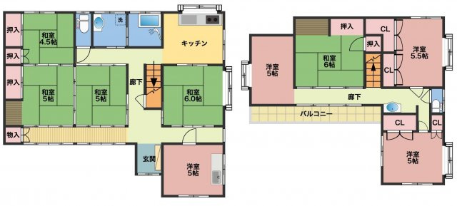 足利市月谷町の中古一戸建の間取り|南向きで日当たり良好、9Kのお部屋数十分な物件です。2世帯でのお住まいも可能な広さの物件です。