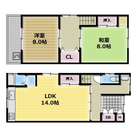 【間取り】 | 大蓮南1丁目2-17　貸家 | 2LDKの2階建です