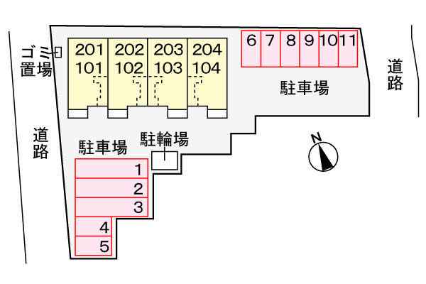 アパート敷地内で全１４台分の駐車スペースをご用意
１台区画：８区画　縦列区画：３区画
