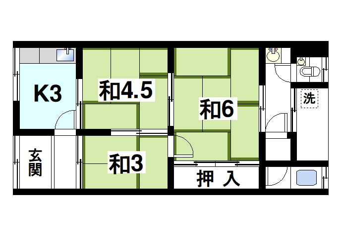 大西政男貸家の間取り|ゆったりと暮らせる3Kの間取りです。