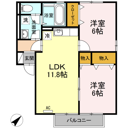 【間取り】 | リヴェール・モリ　B棟 | 2LDKタイプのお部屋です