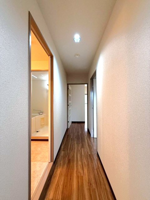 【玄関】 | レジョン77 | 玄関から室内への景観です！右手に洋室5帖のお部屋、左手に洗面所・トイレ・バスルームがあります☆