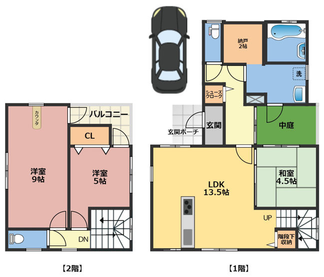 【間取り】 | 高知市薊野西町2丁目 中古売家 3SLDK | 1F：13.5LDK・4.5和・2納戸　2F：9洋・5洋