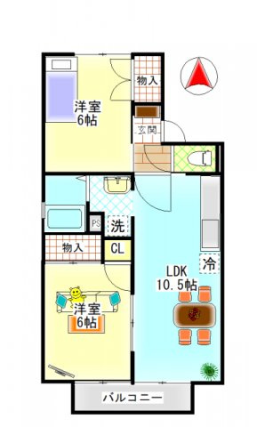 フォンティーヌＡの間取り|西中新田　フォンテーヌＡ　2ＬＤＫ　間取り