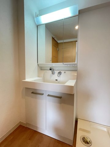 レジデンスシンコーの洗面所|洗面化粧台、室内に洗濯機置き場あり