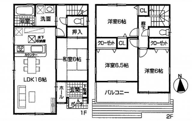 【間取り】 | 東広島市西条町寺家　中古戸建て | 1F　16ＬＤＫ　6和
2F　6.5洋　6洋　6洋