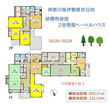 伊勢原市日向　中古戸建　201.22坪の間取り|3SLDK+3SLDK、診療所と居宅を併設した2世帯型のヘーベルハウス◎
通所デイサービス等の介護施設にするのも良さそうですね。