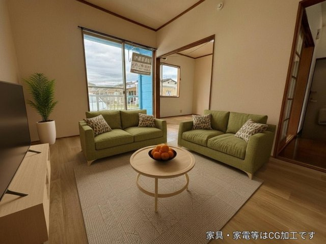 小宅コーポの居間・リビング|※掲載写真はCGによるバーチャルステージング加工を施したイメージです。家具・家電・小物等は実際には設置されておりません。