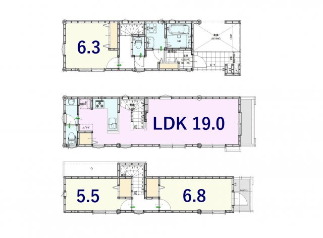 【間取り】 | 現地内覧会開催！東中延の新築戸建　２号棟 | 駅徒歩１分が魅力の３LDK+P！LDKは広々19帖、LDKフロアにも手洗いを設置！パントリーもございます。6帖以上の居室がふた部屋、トイレも2ヶ所配備。延床面積102.65㎡！