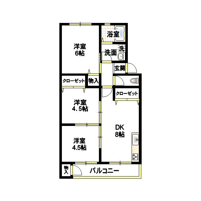 高木マンションの間取り|202号室は左右反転タイプとなります