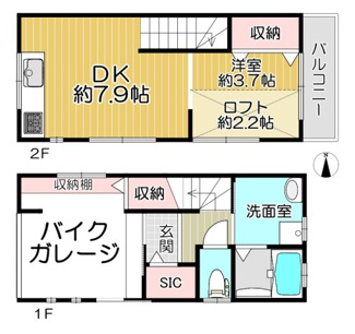 【間取り】 | 宝塚市谷口町新築戸建 | 【バイク好きのガレージハウス！！】バイク好きのあなたに贈る新築プランです♪大切なバイクと一緒に新築戸建てで新しい生活を送りませんか？自由設計できます！！