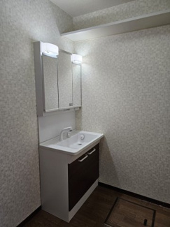 【洗面所】 | グラン元町 | 三面鏡シャワー付き洗面台です。上に棚もあるので便利