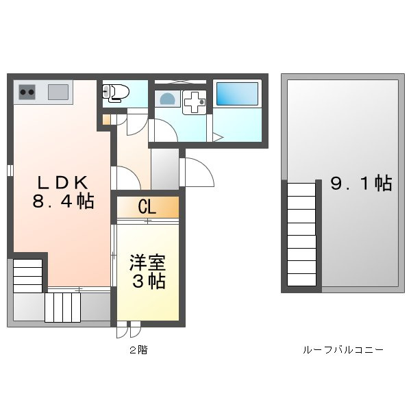 熊本市中央区九品寺３丁目のアパートの間取り