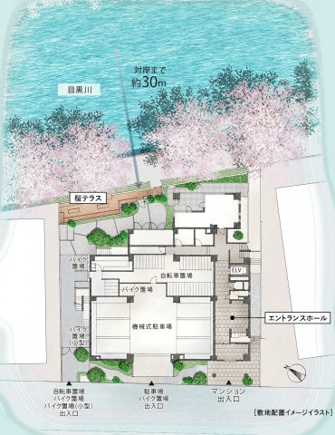 【外観】 | プライムフィット中目黒 3F | ●敷地内の「桜テラス」では目黒川の桜が楽しめます！