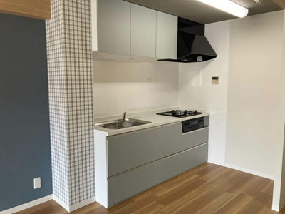 【キッチン】 | イーストヴィレッジ | シンプルな色合いのシステムキッチンです！場所を取るお鍋やお皿もすっきり収納できます♪