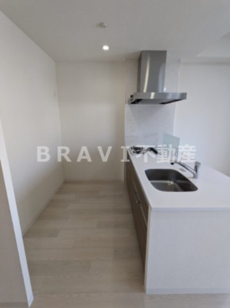 ポラリス松ヶ枝 BRAVI不動産のキッチン|【ポラリス松ヶ枝】後ろ側も広く棚をおくこともできるカウンターキッチン