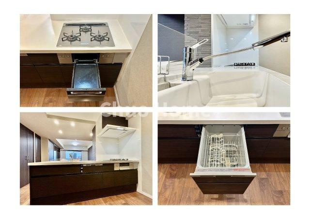 クレアシティ小岩のキッチン|【システムキッチン】ワイドで収納豊富な使い勝手の良いカウンターキッチンには、食洗器や伸縮タイプのキッチン水栓、三ツ口コンロ・魚焼きグリルなどの便利な設備が標準完備されています。