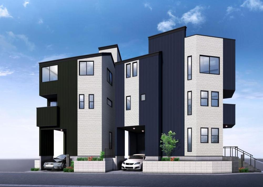 【仲介手数料無料】星川駅徒歩５分の好立地！ルーフバルコニー付♪保土ケ谷区川辺町　全2棟　新築戸建ての外観パース|空が広がるルーフバルコニーが魅力のお住まい（右側：1号棟イメージパース）