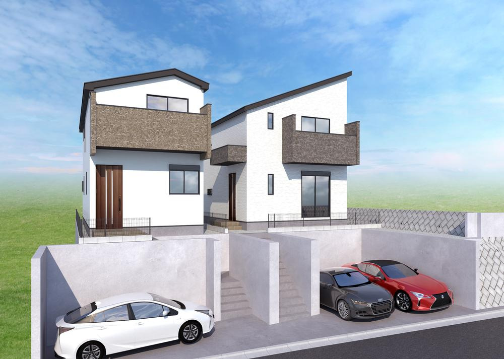 【横浜市旭区柏町63-13新築戸建て１号棟】★仲介手数料無料★（さちが丘小学校・万騎が原中学校）の外観パース|2022年7月完成予定。ひな壇につき陽当たり・風通し良好です。