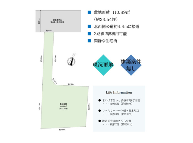 【土地図】 | 敷地約33.5坪の広々とした売地　◇◇渋谷区本町◇◇ | 敷地面積約33.54坪！１R×９戸のアパートプランもご用意しております。前面道路はすっきりとした幅員約4.4ｍの公道です。